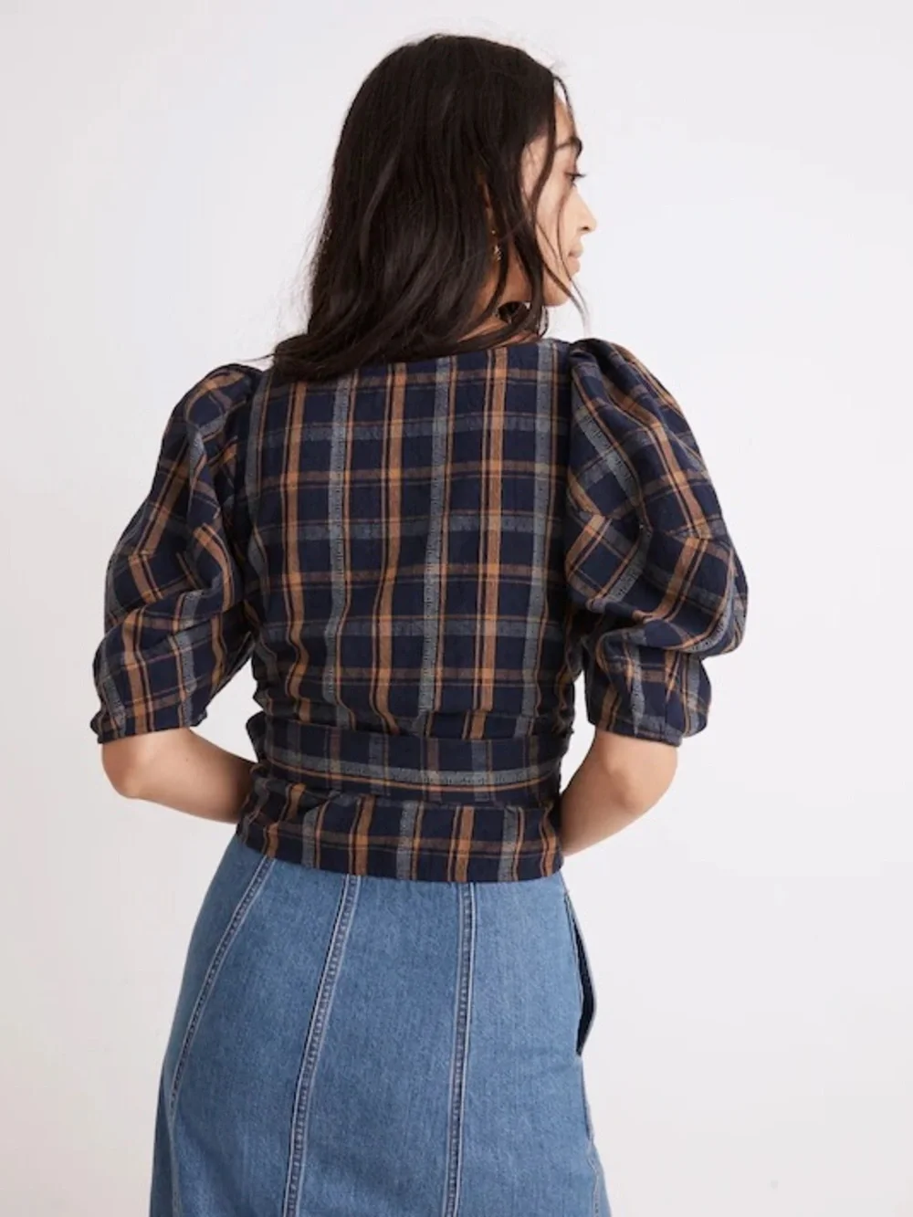 Madewell Sweetheart Wrap Ash Top Plaid Puff-Sleeve Wrap Top Navy & Brown Size S